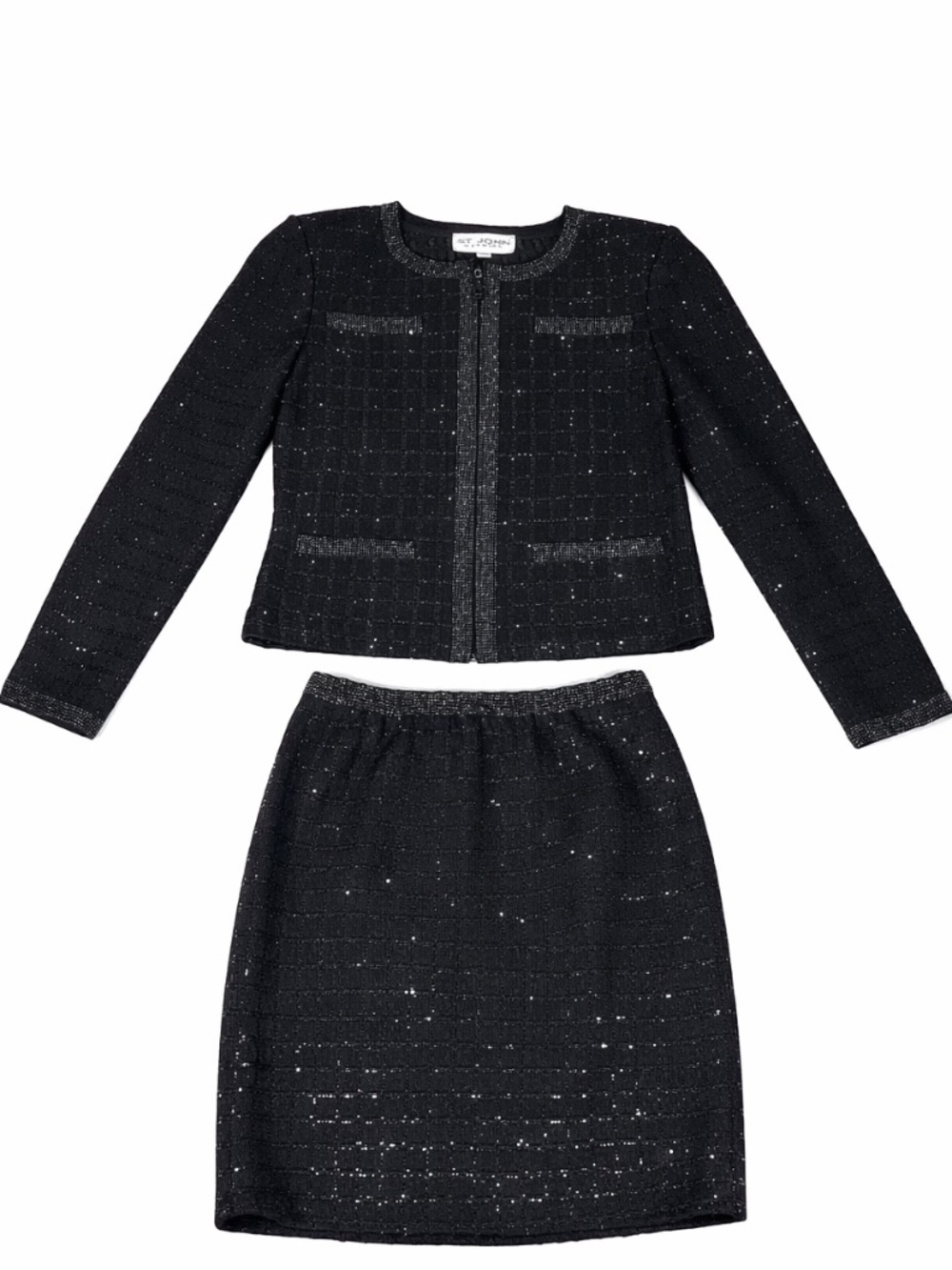 St John Evening Santana Knit Skirt Suit Set Black Metallic Sparkle Size 4 USA
